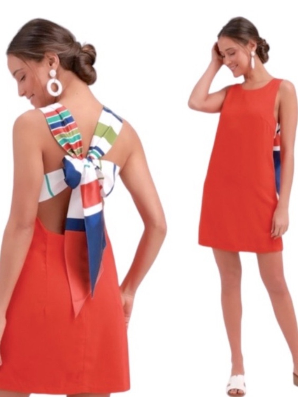 Lulu's Coral Sleeveless Shift Dress with Multicolor Striped Back Tie